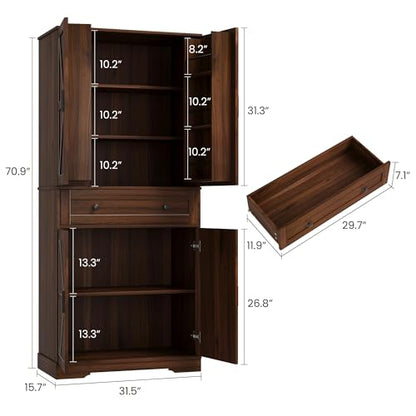 Garvee 71" Kitchen Pantry Cabinet, Barn Door Freestanding Cupboard with Drawer, Sliding Storage Rack, and 6 Hanging Shelves for Kitchen, Dining Room, Living Room Bedroom - color: Walnut