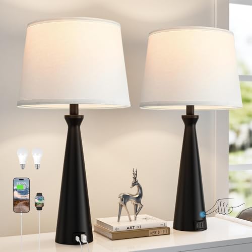 Seealle Modern Table Lamps Set of 2 - Touch Bedside Lamp for Nightstand with Dual USB C+A,3-Way Dimmable Black Nightstand Lamps for Living Room Bedroom End Table(Bulb Included) - color: A. Black-White