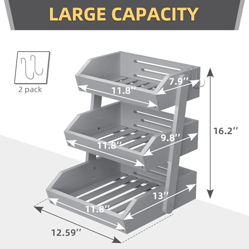 Hellojin Gray Bamboo 3 Tier Fruit Basket for Counter with Banana Hangers | Wooden Tiered Organizer, Protective Mats, Large Capacity, Versatile Holder for Bread, Snacks, Veggies, Onion and Potato - color: Grey-3 tier