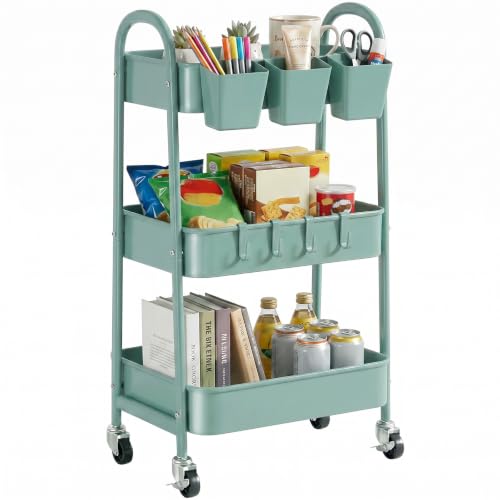 3-Tier Rolling Cart, Utility Cart Mobile Metal Rolling Storage Cart with Lockable Wheels & Hanging Cups & Hooks for Kitchen, Bathroom, Office, Workshop, Green - color: Green, size: 3 tier