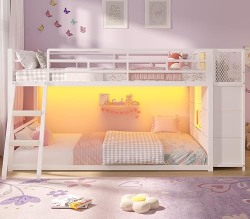 BTHFST Low Bunk Bed Twin Over Twin with 7 Large Fabric Drawers & Bookshelf, Metal Bunk Bed with RGB LED Lights & Slanted Ladder & Safety Guardrail, Kids Low Loft Bed Twin for Small Space, White - color: White