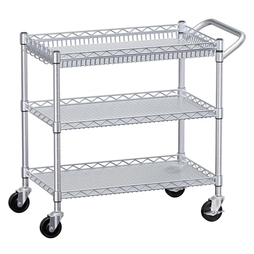 WDT 990Lbs Capacity Heavy Duty Rolling Utility Cart, NSF Rolling Carts with Wheels,Commercial Grade Metal Cart with Handle Bar & Shelf Liner,Trolley Serving Cart for Kitchen,Restaurant,Silver - color: Silver 3 Tier