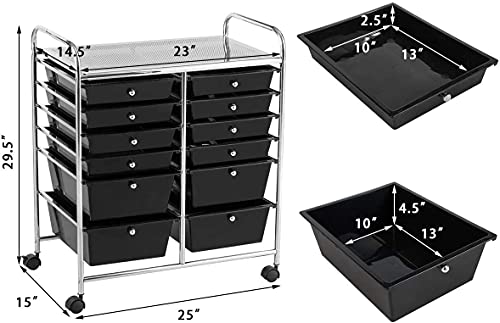 FANTASK 12-Drawer Rolling Storage Cart, Multipurpose Organizer Utility Trolley on Wheels, Tools Scrapbook Paper Organizer for School, Office, Home, Beauty Salon (Black)
