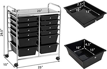 FANTASK 12-Drawer Rolling Storage Cart, Multipurpose Organizer Utility Trolley on Wheels, Tools Scrapbook Paper Organizer for School, Office, Home, Beauty Salon (Black)