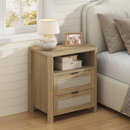 Boho Nightstand with Charging Station, Large Bedside Table with Two Drawers & Open Storage Shelf, Mid-Century Modern End Table Rattan-Look Drawer, Accent Side Table with Rounded Corners for Bedroom - size: 23.6"D x 22"W x 15.74"H(2-Drawers)