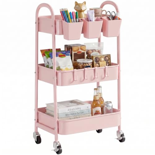 3-Tier Rolling Cart, Utility Cart Mobile Metal Rolling Storage Cart with Lockable Wheels & Hanging Cups & Hooks for Kitchen, Bathroom, Office, Workshop, Pink - color: Pink, size: 3 tier