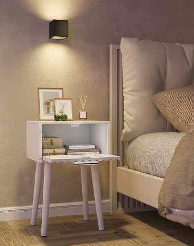 YMYNY Fluted Nightstand Set of 2, Small End Table, Modern Coffee Table with Drawer, Solid Wood Legs, Retaining Chain, 13.8" x 10.6" x 20.9", for Bedroom and Small Spaces, White UHST014W-2 - color: White