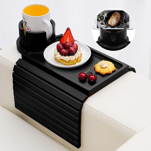 Couch Cup Holder Tray - 3 in 1 Sofa Arm Tray with 360° Rotating Cup Holder & Phone Stand,Fits Various Couches Arm Widths - Anti-Slip Foldable Couch Arm Tray for Snacks, Cellphone Remote - color: Black