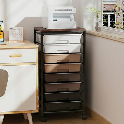 Rolling Cart with 8 Drawers, Storage Drawers Cart with Wooden Tabletop and Lockable Wheels, Craft Storage for Living Room, Office, Classroom, Craft Room, Bedroom (Brown) - color: Brown