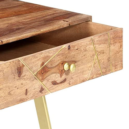 Industrial Writing Desk with 2 Drawers, Solid Acacia Wood Computer Desk for Home Office, 39.4x21.7x29.5 Inch Study Table with Sturdy Steel Legs