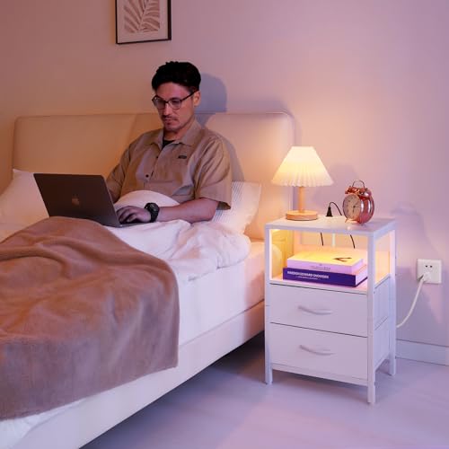 Yoobure Nightstand with Charging Station, LED Night Stand with Fabric Drawers and Storage Shelf for Bedroom, Nightstands Bedside Tables with USB Ports & Outlets, Small Night Stands, Bed Side Table - color: White