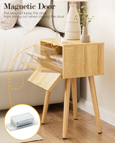 Night Stand Set 2, Oak Nightstand with Fluted Doors, Small Modern Mid-Century Bedside Table for Bedroom, End Table for Living Room - color: Oak