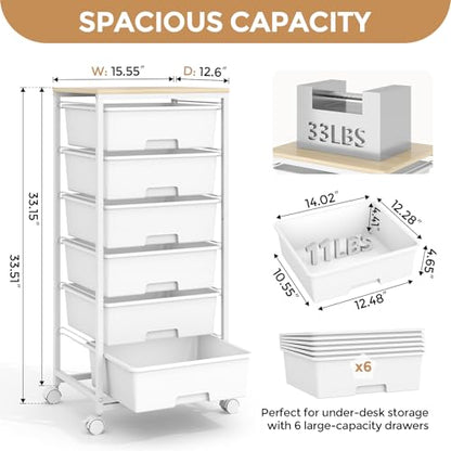 6 Drawer Rolling Storage Cart with Wooden Top and Wheels for Crafts,White | Easy Setup, Large Capacity, Sturdy Build, Lockable Mobility, For office, classroom and art studio supplies - color: White