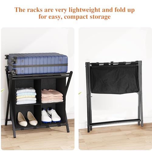 aboxoo 2 Pack Luggage Rack with storage, Guest Room Folding Suitcase Stands, Holds up to 120 lb, Space Saving Suitcase Holders for guest room, Bedroom Hotel, Black