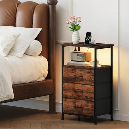 Somdot Nightstands Set of 2 with 3 Drawers, Charging Station & LED Light | Open-Shelf End Tables for Bedside, Small Spaces, Bedroom, Entryway and Hallway, Brown - color: Brown, size: 11.8"D x 15.7"W x 28.3"H (3 Drawers)