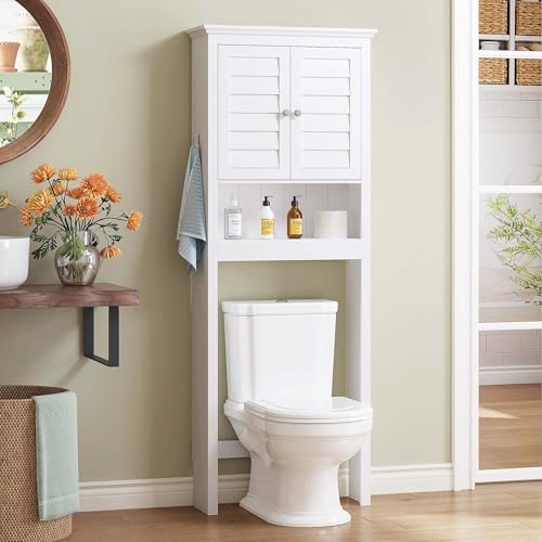 Spirich Over The Toilet Storage Cabinet with Louvered Doors & Hooks, White | Space-Saving Bathroom Organizer, Adjustable Shelf & Bottom Crossbar, 34.4-Inch Clearance, Anti-tip Device, FSC-Certified MDF - style: Louvered Door