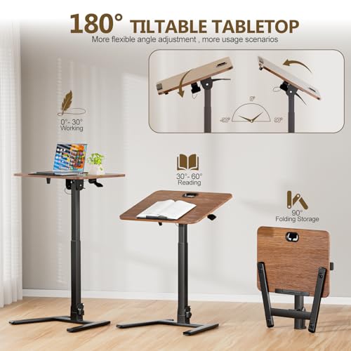 25 Inch Mobile Foldable Standing Desk for Home Office, Brown | 180 Tiltable Desktop, Height Adjustable, No Assembly Computer Workstation, Portable Rolling Laptop Table, Sit-Stand Desk - color: Brown