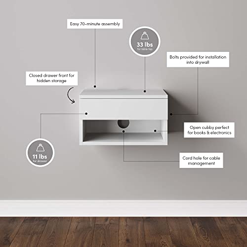 Nathan James Jackson Wall Mounted Floating Bedroom Nightstand with Storage Drawer and Modern Open Shelf Cubby, White - color: White, size: 1