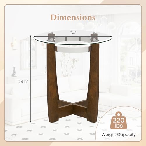 Giantex Round Glass End Table Set of 2, 24’’ Side Table with Tempered Glass Top, Nightstands with Cross & Solid Rubber Wood Base, Compact Bedside Night Stand for Bedroom Office Living Room (2, Walnut) - color: Walnut