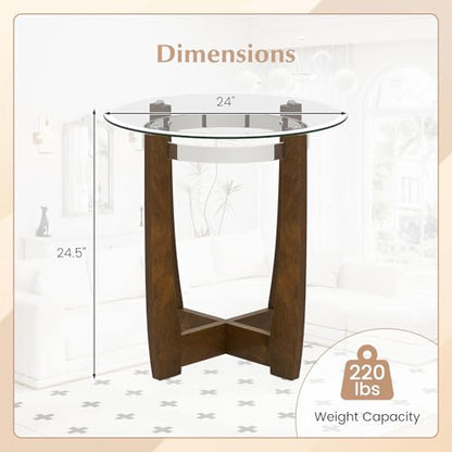 Giantex Round Glass End Table Set of 2, 24’’ Side Table with Tempered Glass Top, Nightstands with Cross & Solid Rubber Wood Base, Compact Bedside Night Stand for Bedroom Office Living Room (2, Walnut) - color: Walnut