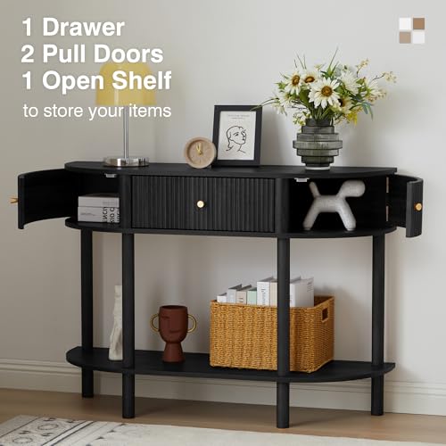 XUZENEST 43.3“ Fluted Half Moon Console Table, Modern Entryway Console Sofa Table with Storage, Narrow Wood Accent Tables Behind Couch Tables for Living Room, Hallway, Foyer(Black) - color: 43.3 Haflf Moon Black