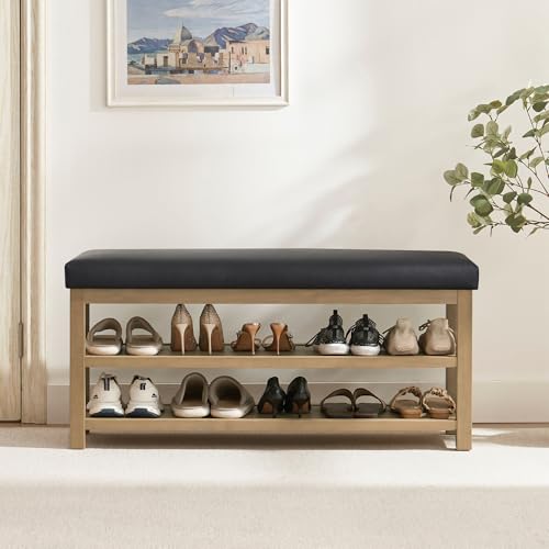 Zihanhome Shoe Rack Bench with Leather Cushion, 2 Tier Solid Wood Storage Bench, Mid-Century Modern Shoe Bench for Entryway, Hallway, Closet, Front Door Entrance, Foyer (Black, 46.5) - color: Black, size: 46.5"