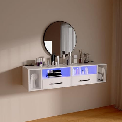 Homaterial Floating Nightstand with Charging Station and LED Lights, Floating Bedside Table with Drawers Wall Mounted Nightstands,for Bedroom Room, 21.3" x 11.8" x 10",White - color: White