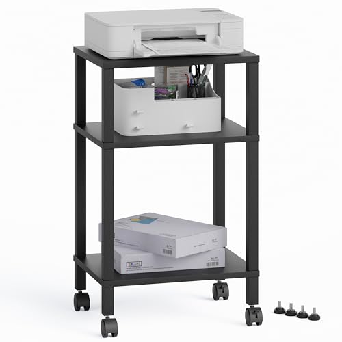 3-Tier Printer Stand with Storage, Mobile Printer Cart with Rolling Casters and Adjustable Feet, Under Desk Storage Shelf for Home Office, Small Printers,Black, 15.7" x 11.8" x 25.9" - color: Black, size: Standard