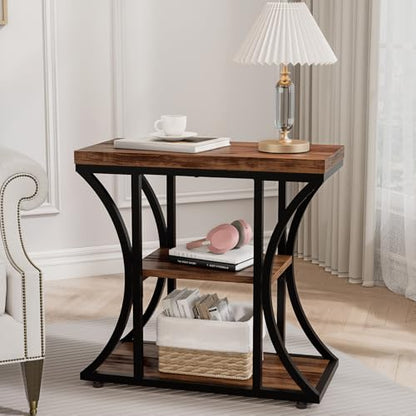 3 Tier End Table with Storage, Narrow End Table for Living Room and Bedroom, Small Space Wood and Metal Side Table, Rustic Brown - color: Rustic Brown