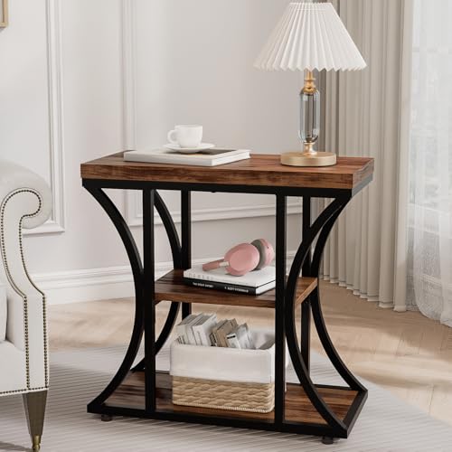 3 Tier End Table with Storage, Narrow End Table for Living Room and Bedroom, Small Space Wood and Metal Side Table, Rustic Brown - color: Rustic Brown
