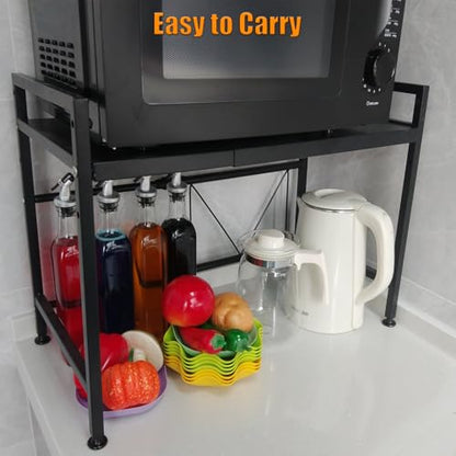 Extendable Microwave Oven Stand, Adjustable Microwave Rack Toaster Shelf, Heavy Duty Rack 2 Tier Kitchen Counter Top Organizer with 6 Hooks for Kitchen - color: Black