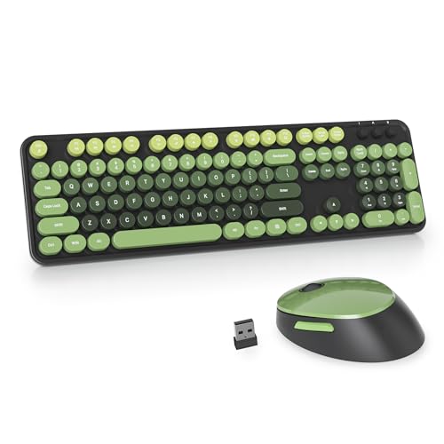 Guffercty kred Dark Green Keyboard and Mouse Wireless, Retro Typewriter Cute Colorful Wireless Keyboard Full-Size 2.4GHz with Round Keycaps for Desktop Laptop and PC(Black Green) - color: Black Green