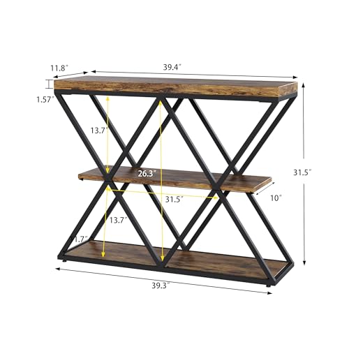 Garvee 3 Tier Console Table,39" Industrial Entryway Table,Open Wood Shelves | Sofa Table,Narrow Wood Accent Tables with Metal Frame for Hallway,Living Room,Behind Couch,Foyer,Entrance,Rustic Brown - color: Rustic Brown + X-shaped