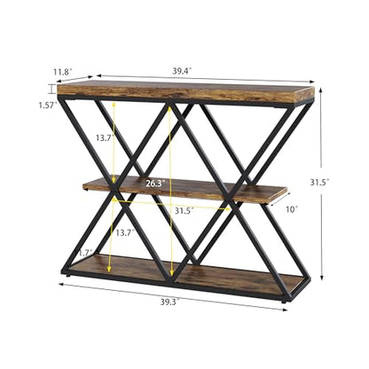 Garvee 3 Tier Console Table,39" Industrial Entryway Table,Open Wood Shelves | Sofa Table,Narrow Wood Accent Tables with Metal Frame for Hallway,Living Room,Behind Couch,Foyer,Entrance,Rustic Brown - color: Rustic Brown + X-shaped