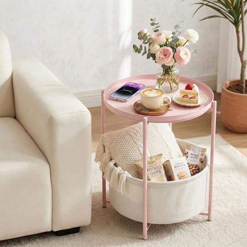 danpinera Pink Round Side Table with Fabric Storage Basket,Small Sofa Table | Metal Modern Nightstand for Small Space, Bedroom, Nursery, Accent Metal Table with Removable Serving Tray, 20.47 in Tall - color: Light Pink