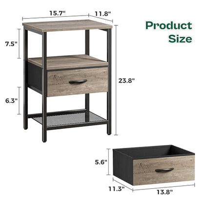 Huuger Nightstand Set of 2, Night Stand with Fabric Drawer, Mesh Shelf, Side Table with Storage, Fabric Drawer Dresser, Open Shelf, Metal Frame, Bedroom, Oak - color: Oak