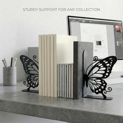 Metal Butterfly Bookends Cute Book Ends for Home Office Decor Bookshelf Decor Accessories Ideal Gift for Book Lovers(Black)