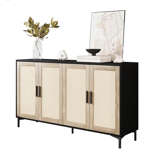 JASIWAY Sideboard Buffet Cabinet with Storage, 48" Rattan Coffee Bar | Credenza Storage Cabinet With Doors and Shelves, Black Rattan Cabinet for Dining Room, Entryway and Living Room, Anti-Tip - color: Black