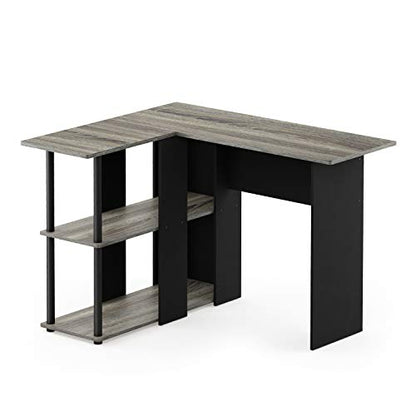 Furinno Abbott L-Shape Computer Desk with Bookshelf, French Oak Grey/Black - color: French Oak Grey/Black, style: Plastic Poles