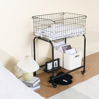 Rolling Laundry Basket with Wheels, 31" Height Heavy Duty 2-Tier Metal Wire Laundry Cart, Foldable Hamper with Industrial Wheels & Brakes for Clothes, Bedroom, Dorm, Apartment, Black - color: black