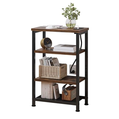 Narrow Nightstand with 4-Tier Shelves, Small Side Table with Charging Station, Skinny Nightstand with Bookshelf, Thin End Table with USB Ports and Outlets, Bed Side Table for Bedroom, Home Office