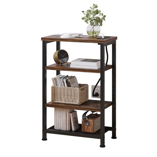 Narrow Nightstand with 4-Tier Shelves, Small Side Table with Charging Station, Skinny Nightstand with Bookshelf, Thin End Table with USB Ports and Outlets, Bed Side Table for Bedroom, Home Office