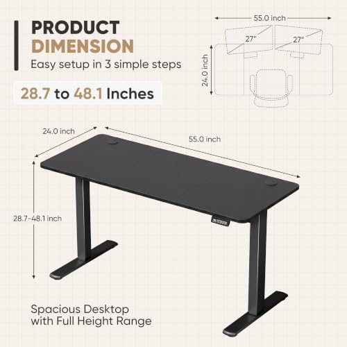 Furmax 55 Inches Electric Height Adjustable Standing Desk Home Office Desk | Large Sit Stand Up Computer Desk Memory Preset with T-Shaped Metal Bracket, Black - color: Black, size: 55 Inch