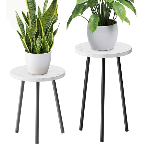 Plant Stand Indoor Tall: Corner Wood Plant Stand 2 Pack Mid Century Modern Decor - Small Round Plant Table for Indoor Plants - Outdoor Plant Holder for Patio Living Room Bathroom Office (White Marble) - color: White Marble, size: 14"&20"