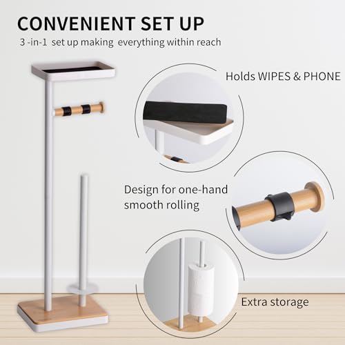 Clasin Home Toilet Paper Holder Stand, Free Standing Toilet Paper Holder with Storage and Top Shelf, White Toilet Paper Stand Weighted Base with Bamboo Design for Bathroom - color: White With Bamboo Base