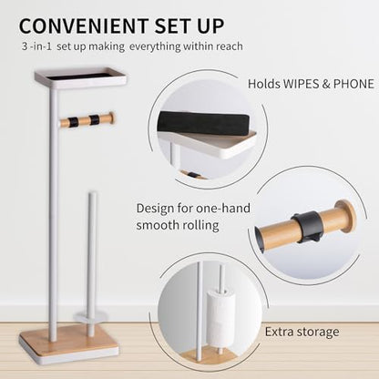 Clasin Home Toilet Paper Holder Stand, Free Standing Toilet Paper Holder with Storage and Top Shelf, White Toilet Paper Stand Weighted Base with Bamboo Design for Bathroom - color: White With Bamboo Base