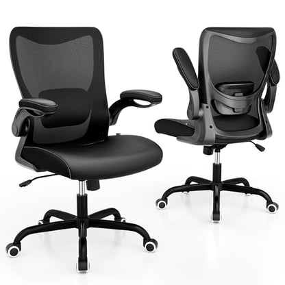 MUXX.STIL Office Chair, PU Leather Ergonomic Desk Chair with Adjustable Lumbar Support and Flip up Armrest, Breathable Mesh Computer Chair for Home Office, Black - color: Nori Black (Pu Leather Seat)