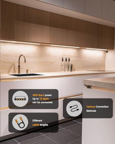 Cefrank V-Shape Under Cabinet LED Lights, 1600LM 8-bar 12in Linkable 6000K | Plug in or Hardwired frosted diffuser 16W aluminum and PC housing kitchen shelf closet display shelf light kit - color: White