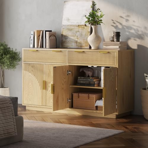 Fluted Buffet Cabinet with Storage, 55” Sideboard Cabinet with 2 Drawers | Modern Buffet Table with Arched Design Doors & Adjustable Shelves, Wooden Coffee Bar Accent Cabinet for Kitchen, Dining Room