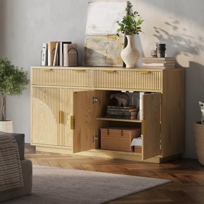 Fluted Buffet Cabinet with Storage, 55” Sideboard Cabinet with 2 Drawers | Modern Buffet Table with Arched Design Doors & Adjustable Shelves, Wooden Coffee Bar Accent Cabinet for Kitchen, Dining Room